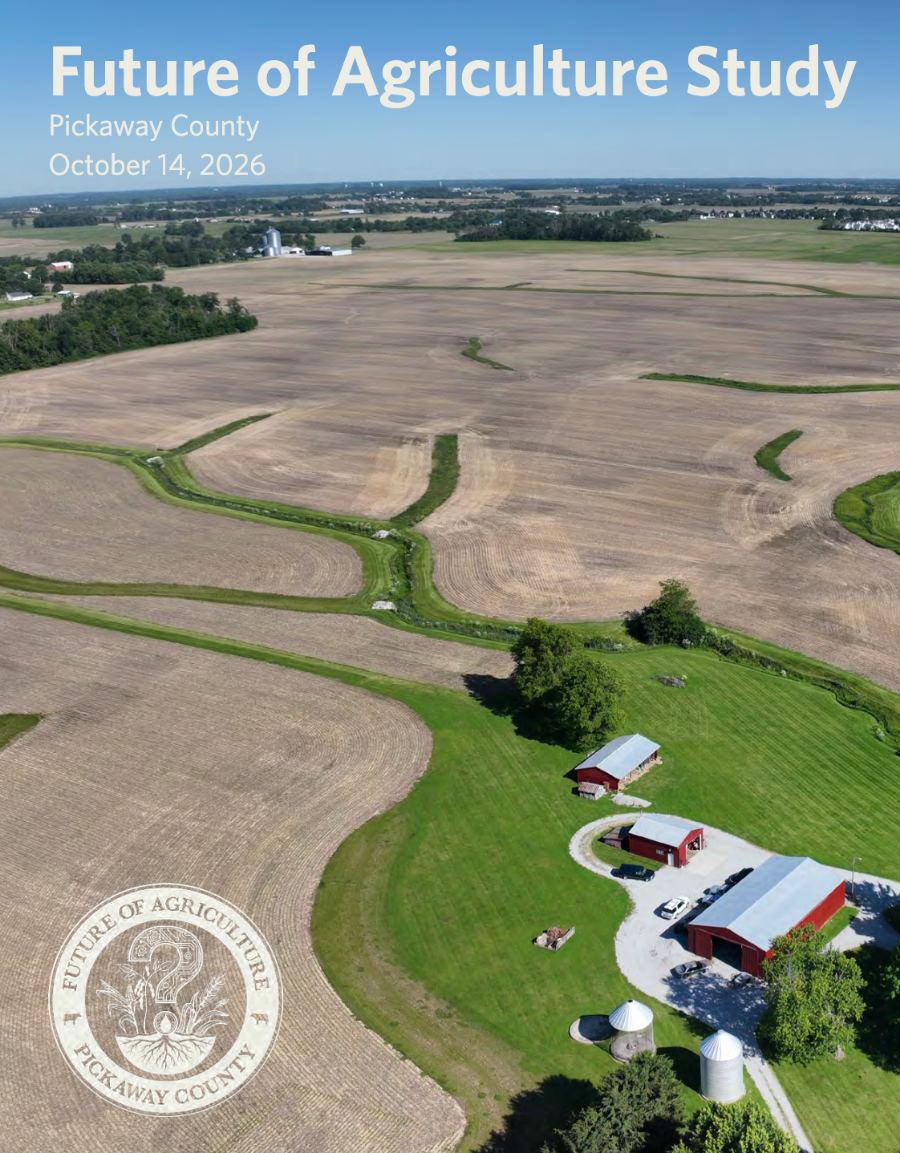 Cover of the Future of Agriculture Study: aerial view of Pickaway County farm fields and a red barn