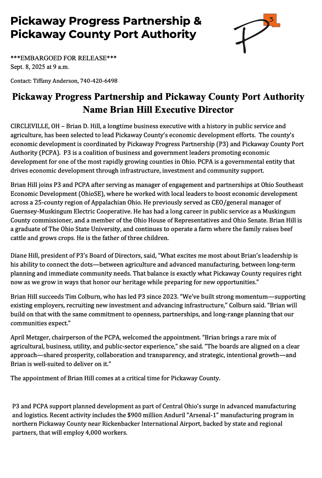 Pickaway Progress Partnership and Pickaway County Port Authority Brian Hill Executive Director